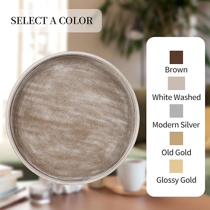 Hanobe Decorative Trays for Coffee Table: Round White Wood Tray for Home Decor - Farmhouse Rustic Circle Ottoman Trays for Living Room Decor - Candle Holder Plate for Counter Display 12"