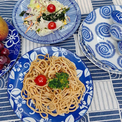 8 Inch Ceramic Dessert Salad Appetizer Pasta Steak Pancake Fruit Dinner Plates Set of 6, Premium Gift for House Warming, Birthday, Microwave/oven/Dishwasher Safe, Vintage Blue, Japanese Style