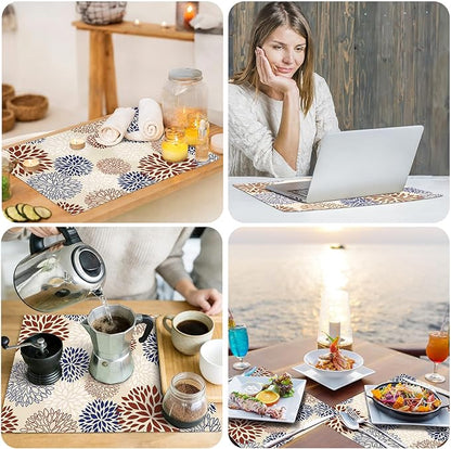 comfoyar Navy Blue Red Dahlia Placemats Set of 4, 12x18 Inch Non-Slip Linen Farmhouse Place Mats, Washable Absorbent Seasonal Table Mats for Kitchen Dining Party Table Decoration