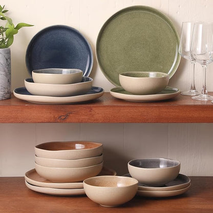 Gibson Elite Manila Bay 16-Piece Stoneware Dinnerware Set, Service for 4, Reactive Glaze Modern Artisan Plates, Bowls & Mugs, Assorted Colors, Round Design