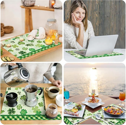 comfoyar St. Patrick's Day Placemats Set of 4, 12x18 Inch Non-Slip Linen Green Shamrock Place Mats, Washable Absorbent Lucky Clover Table Mats for Kitchen Dining Party Table Decoration