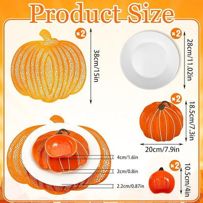 Jinei 8 Pcs Thanksgiving Fall Tableware Set Include Large Ceramic Pumpkin Shaped Plates White Dinner Ceramic Plates Small Pumpkin Shaped Bowls and Place Mats for Autumn Halloween Table Party Decor