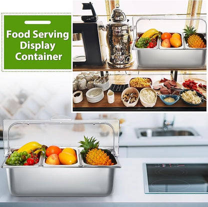 Countertop Food Serving Display Container and Clear Roll Top Cover Stainless Steel Food Serving Tray Buffet Condiment Dispenser Display Rack for Restaurant Hotel Kitchen Party (21 x 13 x 13'')