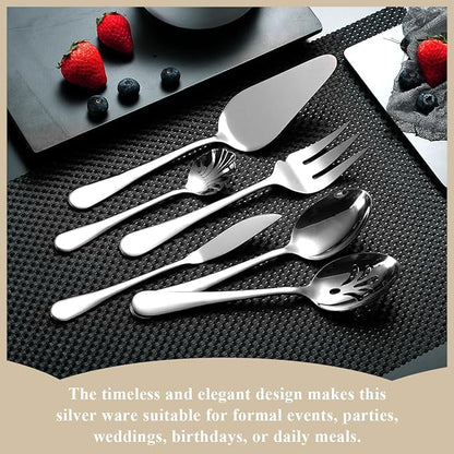 Berglander Silverware Serving Set 6 Pieces, Stainless Steel Serving Spoons Set, Flatware Serving Set, Serving Utensils Set Easy to Clean and Dishwasher Safe