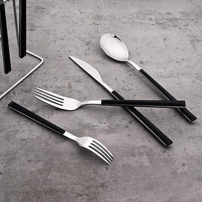 30pcs Modern Handle Flatware Set, Stainless Steel Cutlery Set Include Knife/Fork/Spoons, Mirror Polish, Service for 6 (Black Silver)