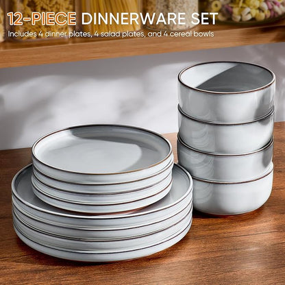 Vesteel 12-Piece Dinnerware Set, Ceramic Plates and Bowls Set for 4, Reactive Glaze Tableware Set with Purple Clay Base for Home, Chip & Scratch Resistant Stoneware, Moonlight White