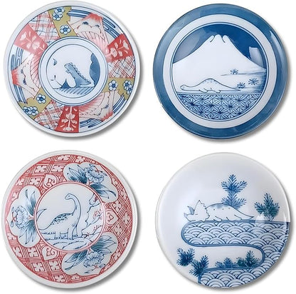 Dinosaur Soy Sauce Dish Set of 4, 3.5 inch Japanese Porcelain Mini Plates for Dipping, Sushi & Condiments, Mino Ware, Crafted in Japan, Gift Boxed, Microwave & Dishwasher Safe