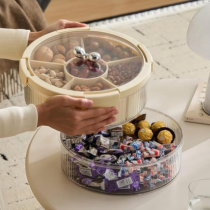 2-Tier Divided Serving Tray with Lid & Bow Knob – Large Stackable Snack Vegetable Trays Container for Fruit Veggie Candy Nuts & Cookies – Ideal for Party Buffet & Home (Clear)
