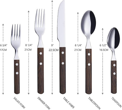 ANNOVA 20 Piece Silverware Set, Service for 4, Stainless Steel Retro/Rivet Walnut Wood Tableware Kitchen Flatware Set Utensils, Includes Dinner Knives, Forks, Spoons, Salad Forks & Dessert Spoons