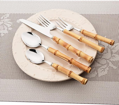 Gugrida 20pcs Flatware Silverware Serving Set Silver Stainless Steel Hostess Serving Utensil Set with Bamboo Handle Dishwasher Safe, 20pieces Service for 4