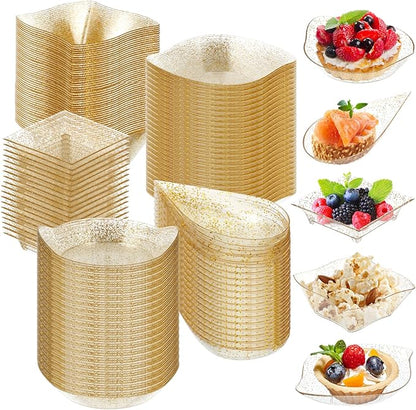 Tessco for you 100 Pcs Mini Appetizer Plates Set, Disposable Dessert Plates Assorted Shape Mini Plastic Spoons for Wedding Party Birthday (Gold)