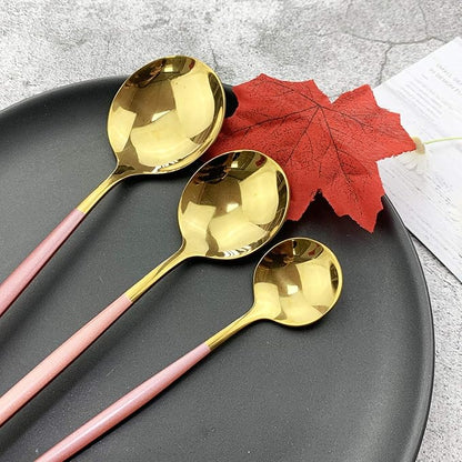 JASHII 18/10 Silver Silverware Set Stainless Steel Flatware Utensils Set Gold Cutlery Set| 24-Piece Modern Cubiertos Dorados| BEST Birthday Wedding Gift (4 Sets, Pink Handle Gold Mirror Polish)