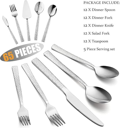 65-Piece Silverware Set with Serving Pieces, E-far Stainless Steel Hammered Flatware Eating Utensils Service for 12, Modern Tableware Cutlery Set with Square Edge, Mirror Polished, Dishwasher Safe