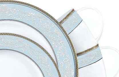 Fine Bone China Dinnerware Set,16 Pcs Classic Relief Pattern Gilt Edged High Grade Porcelain Tableware Sets For 4 People