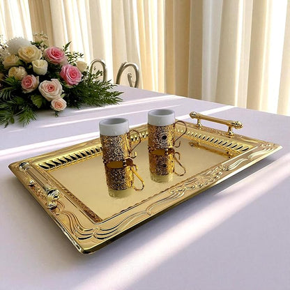 (Pack of 2) 18.1 inch x 13.6 inch Rectangular Iron Gold Plated Serving Tray with Handles Floral Engraved Decorative Party Wedding Buffet Wine Candle Decor Platter Plate Base Dish NC-072