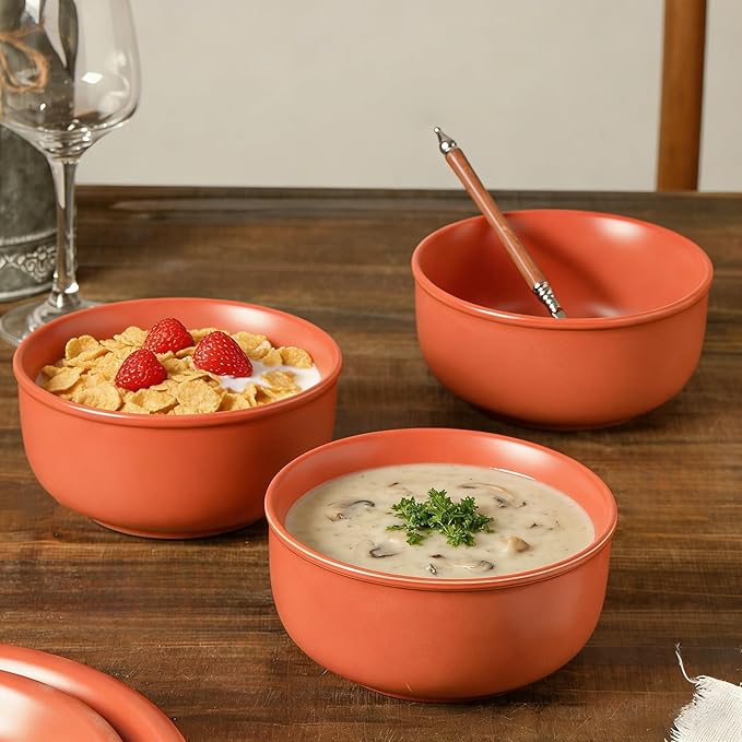 30 OZ Cereal Bowl, 6 Inch Ceramic Bowls Sets for 4, Suitable for Breakfast, Soups, Ramen, Pho, Udon and Ssoba, Dishwasher & Microwave Safe, Handcrafted Bowls Sets, Terracotta Red