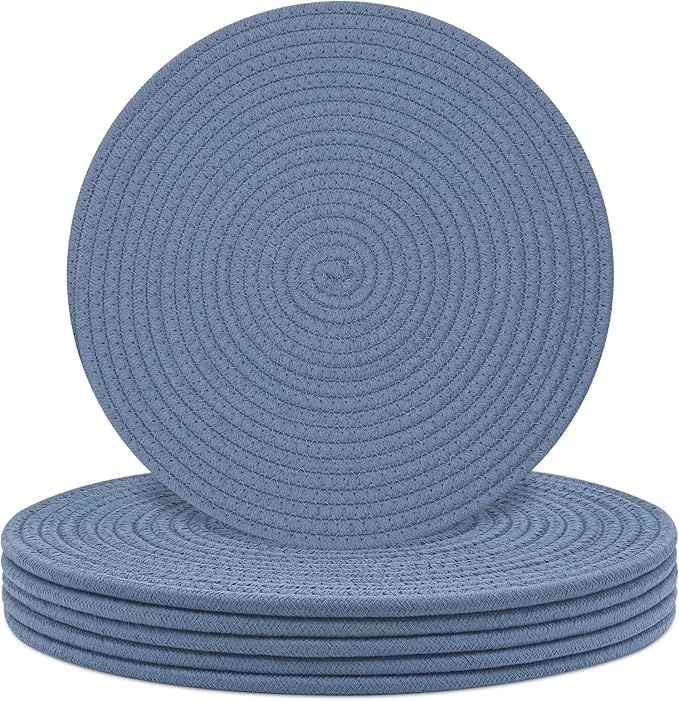 Round Placemats Set of 6, Cotton Rope Woven Table Mats, Hot Pads for Kitchen, Non Slip Heat Resistant Place Mats, 13 Inches Braided Placemat for Farmhouse Decor and Kitchen Table Decor (Blue)