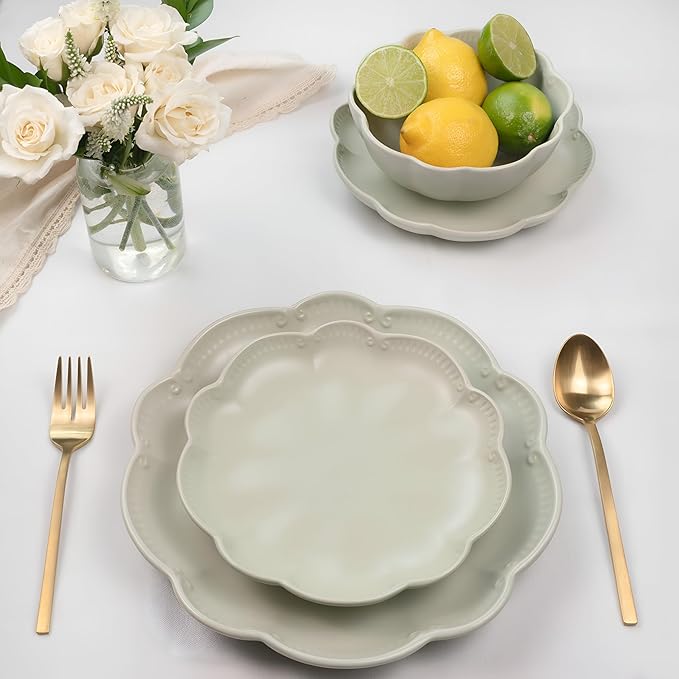 Sango 12 Pieces Scalloped Dinnerware Set, Sage Green Dishes for 4, Premium Serving Plates & Bowls Sets, Chip & Scratch Resistant, Ceramic Dishware, Kitchen Dish, Microwave & Dishwasher Safe, Bethany