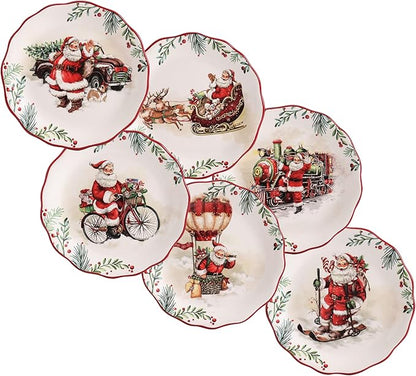 Bico Santa On The Way Scalloped Appetizer Plates Set of 6, 6 Inch Small Ceramic Dessert Plates for Snacks, Salad, Tablescape, Microwave and Dishwasher Safe, Gift for Housewarming and Thanksgiving