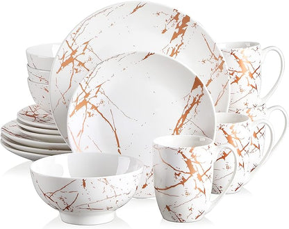 LOVECASA White Dinnerware Sets for 4, 16 Piece Porcelain Dish Set Plates and Bowls Sets, Gold Splash Glaze Ceramic Dinner Set with Mugs, Dishwasher Microwave Safe
