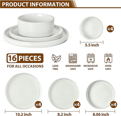 LIANYU Dinnerware Sets with Pasta Bowls for 4, 16 Piece Stoneware Plates and Bowls Set, Ribbed Dishes Dishware for Home Kitchen, Microwave and Dishwasher Safe, Speckled White