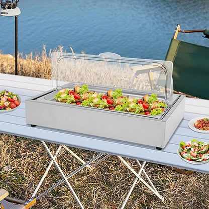Ice Food Serving Display Tray, 6L/1.59Gal Cold Serving Trays for Parties Freestanding Ice Chilled Party Platter with Clear Roll Top Cover Buffet for Outdoor Buffets, Street Vendors