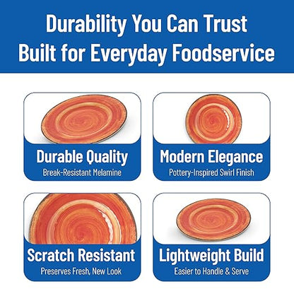 Carlisle FoodService Products Mingle Resuable Plastic Plate Dinner Plate with Pottery Style for Home and Restaurant, Melamine, 9 Inches, Fireball, (Pack of 12)