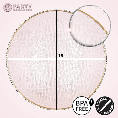 PARTY BARGAINS 13-Inch Charger Plates - 96 Pack, Hammered Pink Gold Rim, Heavy-Duty Disposable Chargers for Elegant Dining - Ideal for Weddings and Formal Events