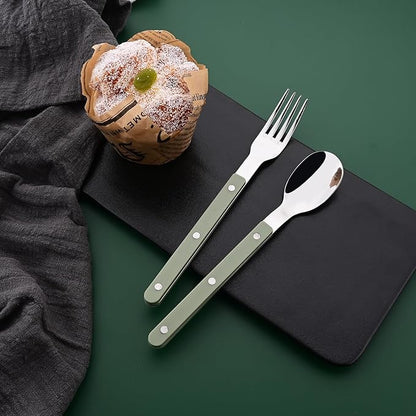 20 PCS Stainless Steel Flatware Set for 4, Silverware Set with Colored Handles, Retro Style Forks Spoons and Knives Set, Vintage Eating Utensils, Green Acrylic Handle with Rivets Design