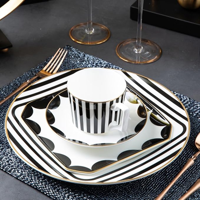 gold trim dinnerware set service for 4, 16 pieces black and white ceramic plate set, bone china plate and cup sets for hotel, birthday, Mother's Day