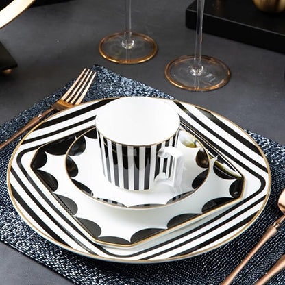 gold trim dinnerware set service for 4, 16 pieces black and white ceramic plate set, bone china plate and cup sets for hotel, birthday, Mother's Day