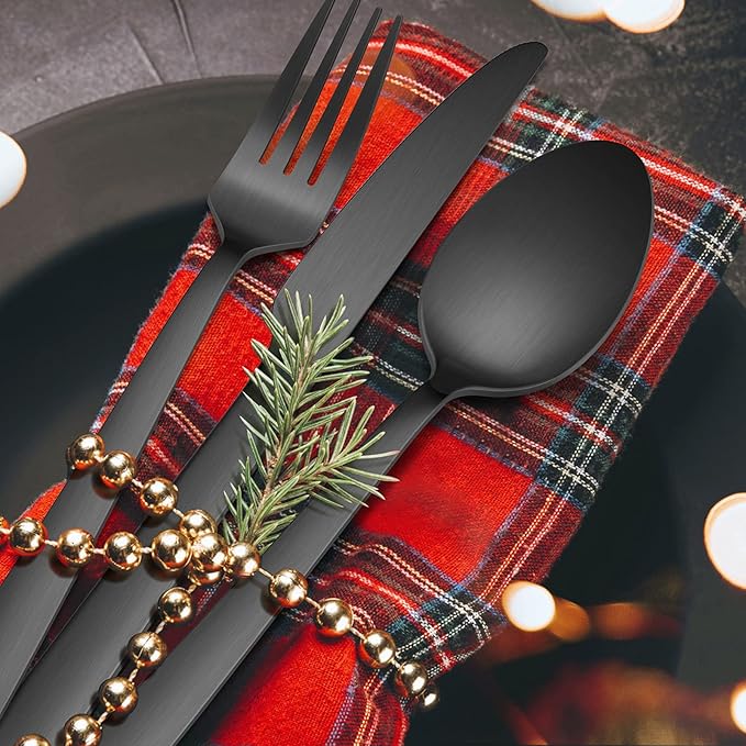 40-Piece Matte Black Silverware Set, E-far Stainless Steel Flatware Set Service for 8, Metal Cutlery Eating Utensils Tableware Includes Forks/Spoons/Knives, Square Edge