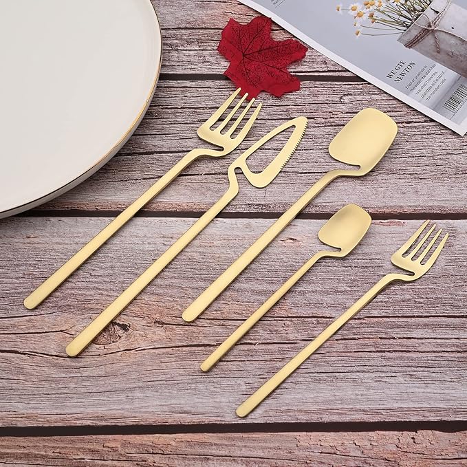 JASHII Hanging Cup Silverware Set, Satin Finish 28-Piece 304 Stainless Steel Flatware set, Tableware Cutlery Set Service for 4, Utensils for Kitchens, Dishwasher Safe - Matte Champagne Gold