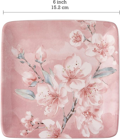 Bico Spring Sakura 6 inch Ceramic Square Appetizer Plates Set, Set of 4, Microwave & Dishwasher Safe, for Salad, Tapas