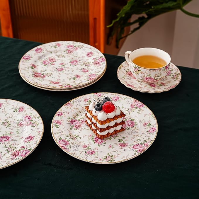 Porcelain Floral Plates, 8 inch, Set of 4,Small Plate, Small Appetizer Plates,Round dessert plate for breads, desserts, snacks, salads (White with flowers)