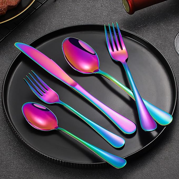 60 Pieces Rainbow Silverware set for 12, Compralo Colorful Stainless Steel Flatware Cutlery Set, Kitchen Utensils Set Include Knife Fork Spoon, Tableware Set With Titanium Plated, Dishwasher Safe