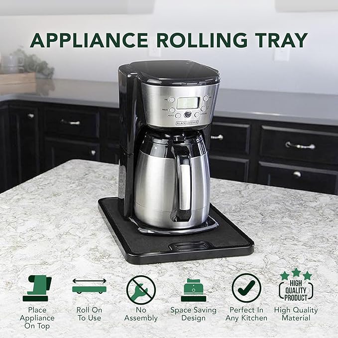 Nifty Small Appliance Rolling Tray - Black, Home Kitchen Counter Organizer, Integrated Rolling System, Non-Slip Pad Top for Coffee Maker, Stand Mixer, Blender, Toaster