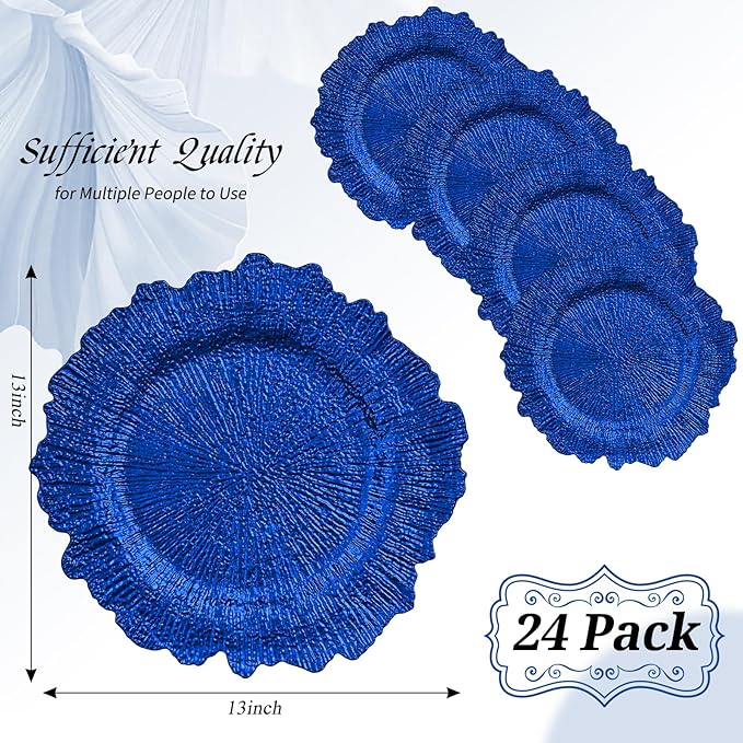 24 Pack Royal Blue Charger Plates Bulk, 13" Plastic Reef Chargers for Dinner Plates, Round Charger Plate with Floral Reef Design for Dinner Wedding Party Table Setting Decoration