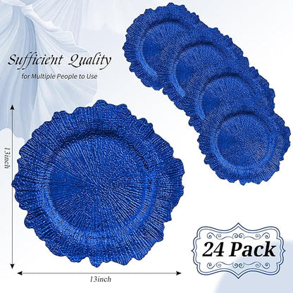 24 Pack Royal Blue Charger Plates Bulk, 13" Plastic Reef Chargers for Dinner Plates, Round Charger Plate with Floral Reef Design for Dinner Wedding Party Table Setting Decoration