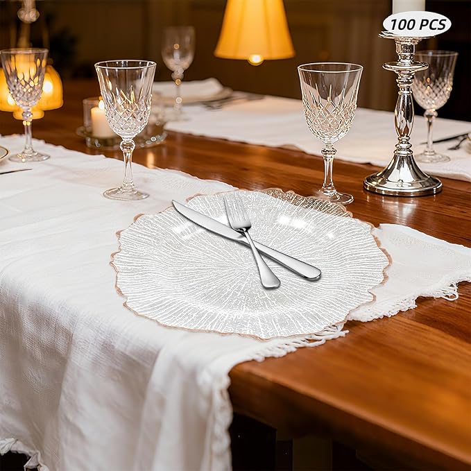 100Pcs Antique Clear Charger Plates, 13" Round Chargers for Dinner Plates, Reusable Plastic Charger Plates Bulk with Flower-Like Decorative Rim, for Wedding, Dinner, Party, Bridal Shower