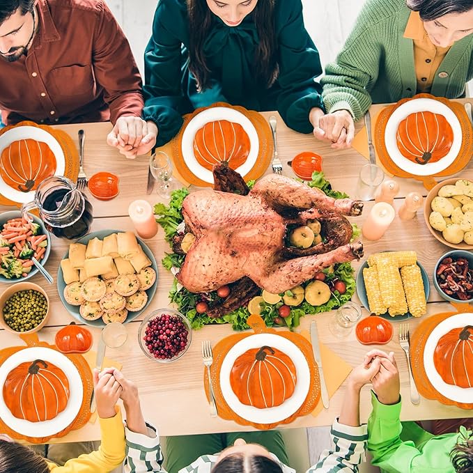 Jinei 8 Pcs Thanksgiving Fall Tableware Set Include Large Ceramic Pumpkin Shaped Plates White Dinner Ceramic Plates Small Pumpkin Shaped Bowls and Place Mats for Autumn Halloween Table Party Decor