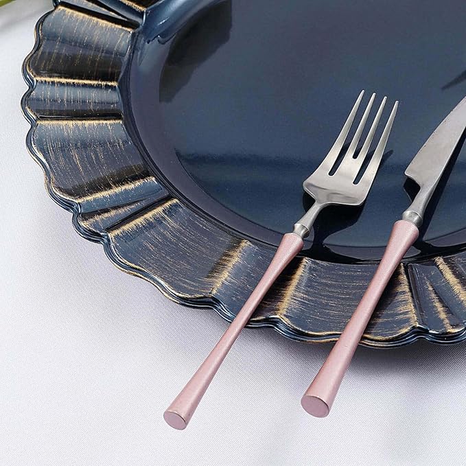 Efavormart 12-Pack Acrylic Plastic Charger Plates 13" Round Navy Blue with Gold Brushed Wavy Scalloped Rim - Dinner Charger Tableware