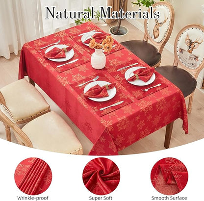 Rectangle Fancy Metallic Sparkling Snowflake Christmas Fabric Table Cloth red Hunter Gold Navy White Silver No-Iron Soil Resistant Woven Holiday Table Cover(Red Gold/60x120Inch)