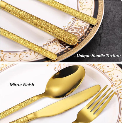 24 Pcs Gold Hammered Silverware Set Service for 6,Stone Pattern Vintage Stainless Steel Flatware Set,Cutlery Utensil,Durable Kitchen Eating Tableware Set,Ripple Fork Knife Spoon Set,Dishwasher Safe