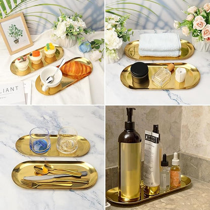 8 Pack 12 Inch Oval Stainless Steel Decorative Tray, Stainless Steel Tea Fruit Tray, 12 inch Gold Oval Trays for Bathroom Vanity, Jewelry, Perfume & Key Organizer (Gold)