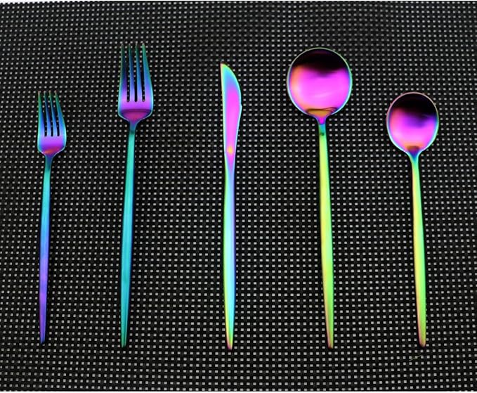 Iridescent Rainbow Multicolor Flatware 10 Pieces Tableware Set Cutlery Set Dinnerware Anti-rust Utensil Set,Salad Spoons Knives and Dessert Forks, Service for 2