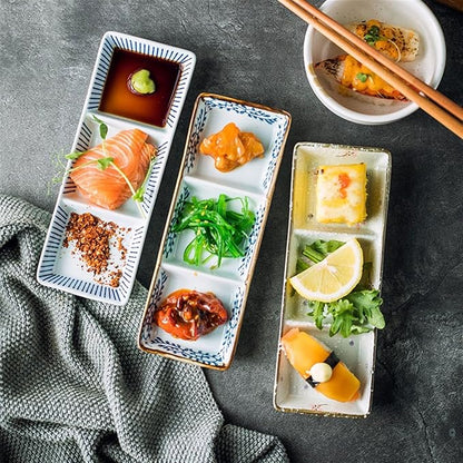 Sauce Dish Three Compartment Plate Ceramic Plate Sauce Bowl Sushi Dish Plate Multi Compartment Sauce Dish Vinegar Dish Plate Small Plate Snack Plate(C)