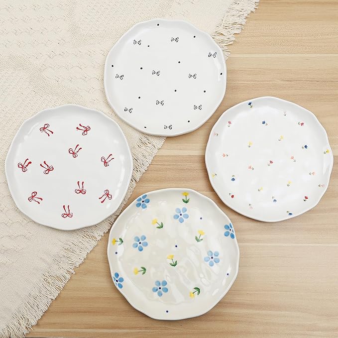Koythin Floral Ceramic Dinner Plates, 8" Microwave Safe Dishes for Pasta, Modern Rustic Appetizer Plate for Salad Fruits Dessert Cake (Double Line Bow)