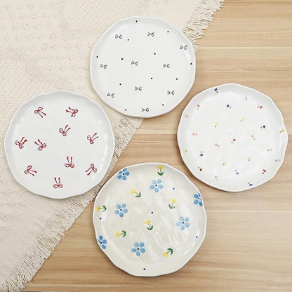 Koythin Floral Ceramic Dinner Plates, 8" Microwave Safe Dishes for Pasta, Modern Rustic Appetizer Plate for Salad Fruits Dessert Cake (Double Line Bow)