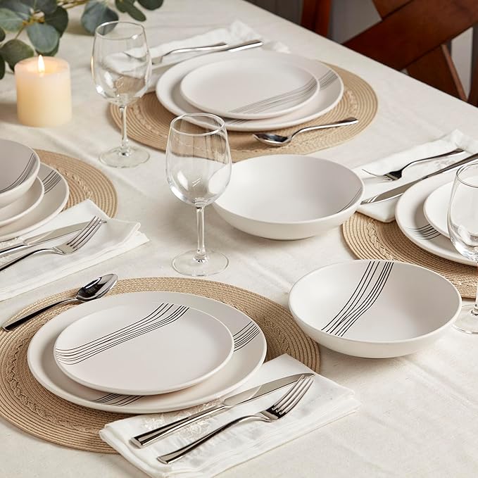 Tabletops Gallery 12-Piece Embossed White Black Striped Stoneware Dinnerware Set of Kitchen Dishes, Round Dinner Salad Plates Cereal Bowls, Service for 4, Skye